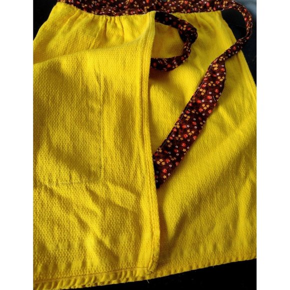 Handmade Floral Towel Half Apron Vintage Yellow Brown Tie Pocket 70s - Picture 5 of 5
